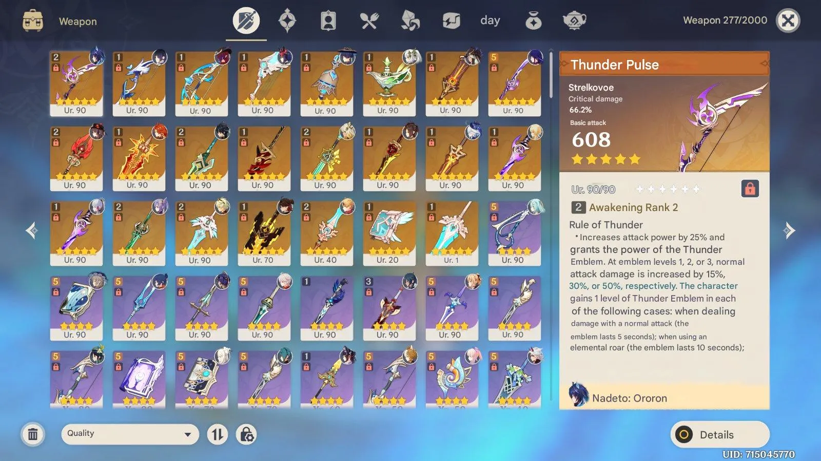 GI958 C6 Raiden, C6 Xilonen, C6 Wanderer, C2 Kinich, C2 Nahida, C2 Nilou, C2 Kazuha, C1 Chiori, C1 Yelan, C1 Hu Tao, C1 Chasca (G)